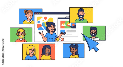 International conference call on laptop with diverse people online