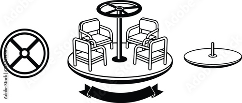 Black and white line art carousel platform with four chairs wheel and ribbon banner