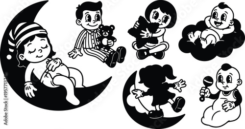 Retro cartoon 1950s sleeping child on crescent moon and baby characters in black and white