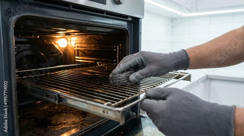 Tableau sur toile Person in gloves cleaning a dirty oven rack.