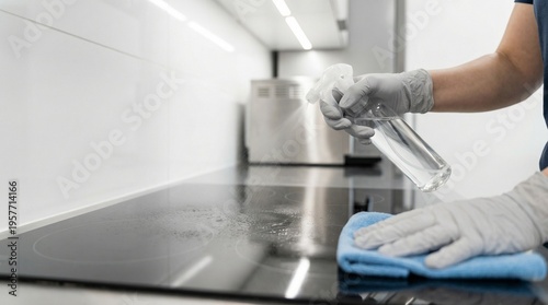 Bild auf Leinwand Person in gloves cleaning a modern kitchen induction hob with spray and cloth