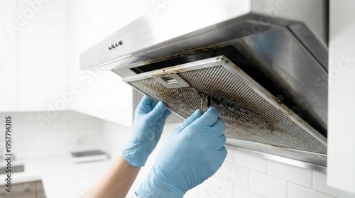 Tableau sur toile Person in gloves removing a dirty range hood filter for cleaning.