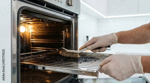Foto Person wearing gloves cleaning an oven rack with a brush.