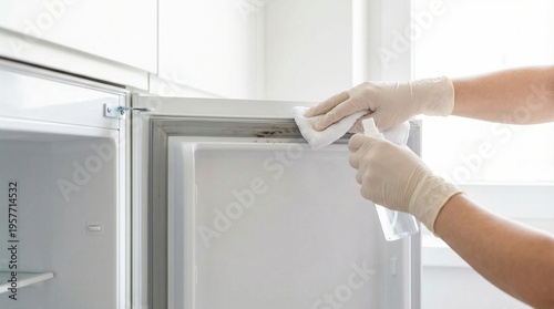 Schilderij op canvas Person wearing gloves cleaning the refrigerator door seal.