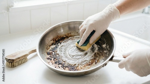 Tableau sur toile Person wearing gloves scrubbing a dirty burnt frying pan with a sponge and cleaning solution