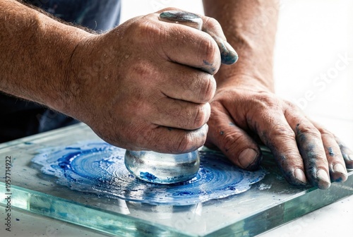 Artist grinding blue pigment on glass with a glass muller tool