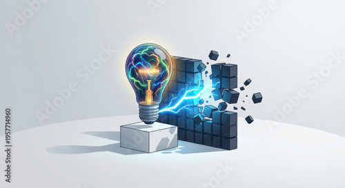 Surreal Concept of an Electric Light Bulb Breaking Through a Stone Wall Representing Innovation and Overcoming Barriers