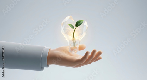 Hand Holding a Crystal Light Bulb with a Green Plant Sprout Inside Representing Sustainable Energy and Green Innovation