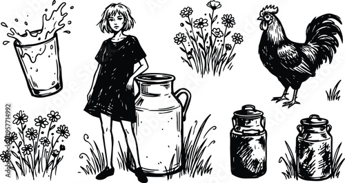 Line art girl in black dress standing by milk can with rooster and wildflowers black and white