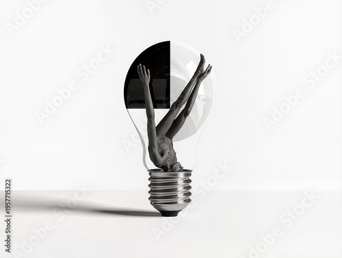Surreal Minimalist Concept of a Human Figure Emerging from a Light Bulb on White Background