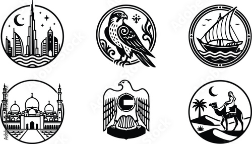 Black and white circular line art featuring burj khalifa skyline falcon dhow mosque eagle and camel rider