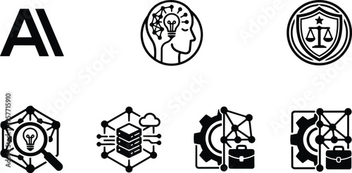 Ai letters and brain lightbulb icon set with magnifier shield and server network in black and white