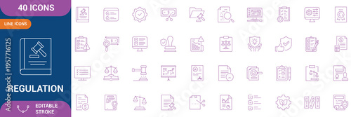 Regulation icon set. Containing rules, compliance, government, penalty, guideline, authority, procedure, ethics, law, conduct, and etc. Editable stroke. Vector file.