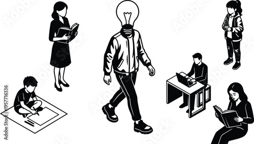 Line art lightbulb head person walking among readers and students in study scene