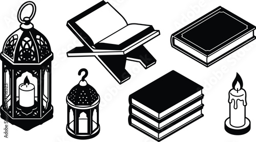 Ramadan quran on rehal with ornate lanterns candles black and white vector art