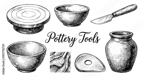Collection of hand-drawn pottery tools and ceramic vessels for crafting