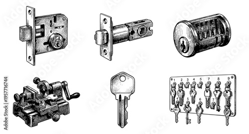 Vintage illustration of locksmith tools and hardware including locks, keys, and a key cutting machine