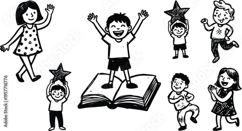 Line art open book with boy standing and cheering surrounded by children holding stars and clapping