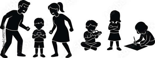 Silhouette family scene parents scolding child with smartphone and other children playing