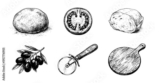 Hand-drawn ingredients and tools for preparing a delicious pizza