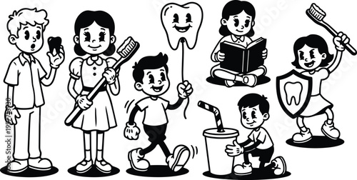 Black and white retro cartoon children holding toothbrush shield and tooth balloon with milk cup