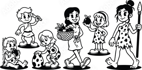 Prehistoric line art family with spear woman and children holding basket fruit and spotted egg