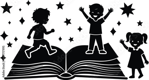 Black and white silhouette children playing on open book with stars line art vector