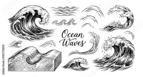 Collection of hand-drawn ocean waves in vintage sketch style