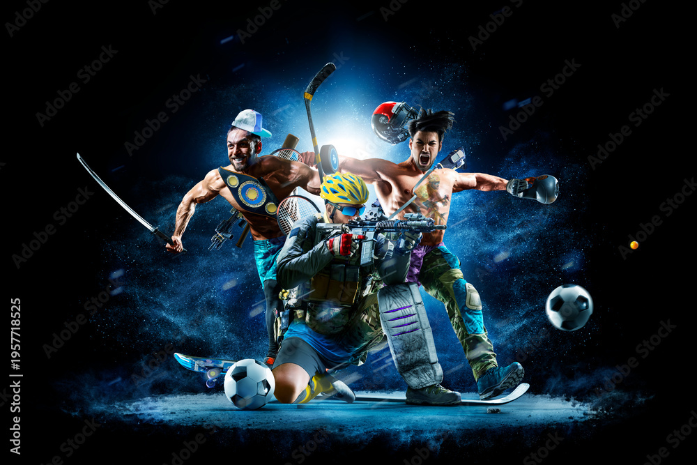 Naklejka premium Multi-sport collage depicting various sports and hobbies. Athletes on a beautiful black background with a flash of light behind them. Isolated on a black background. A joyful collage of several sports