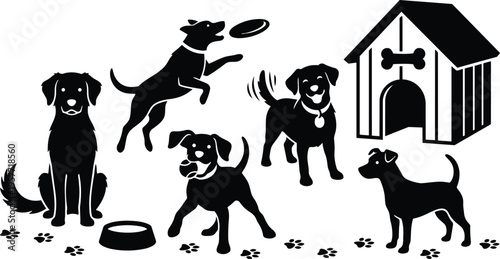 Black and white silhouette dogs with dog house bowl frisbee and paw prints vector art