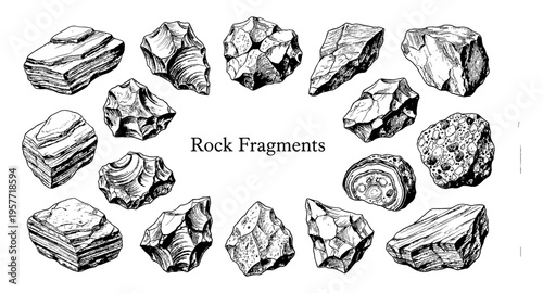 Collection of diverse rock fragments and geological samples in detailed illustration