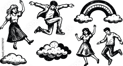 Line art black and white figures jumping and dancing with rainbow and clouds sketch style