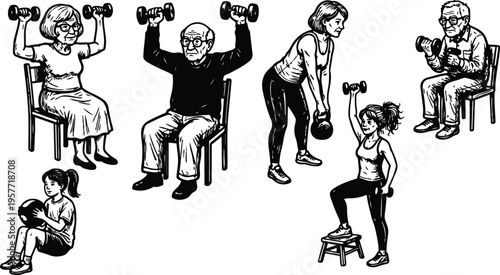 Black and white line art showing seniors and young woman exercising with dumbbells kettlebell and medicine ball