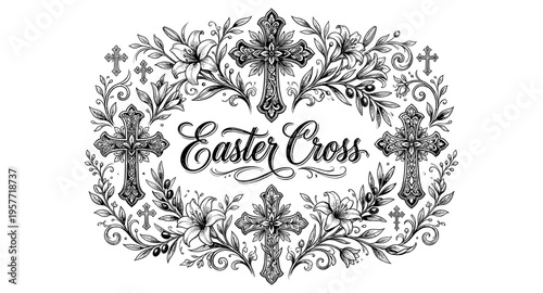 Ornate Easter cross design with lilies and olive branches in black and white
