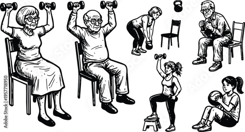 Black and white line art elderly woman and man seated lifting dumbbells with standing trainer and equipment