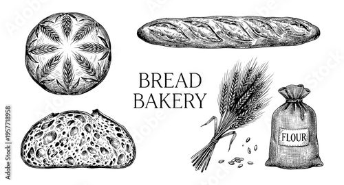Artistic sketch of bakery items including bread, wheat, and flour sack