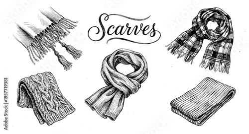 Collection of hand-drawn scarves in various styles and textures