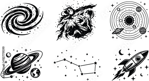 Black and white line art set of galaxy nebula rocket planet saturn constellation icons