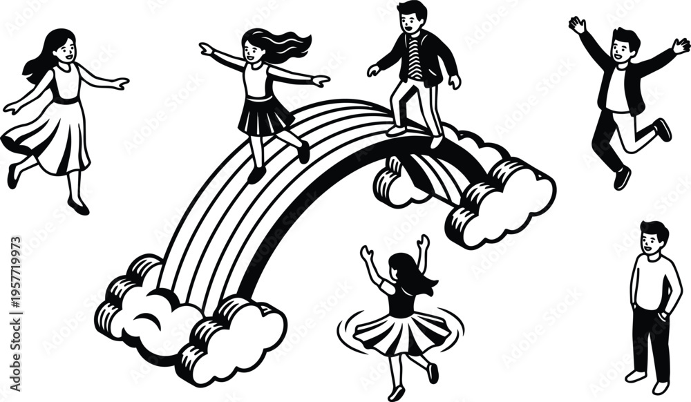Fototapeta premium Black and white line art children playing on rainbow and clouds with spinning girl and jumping boy
