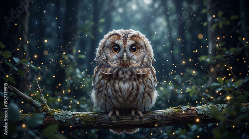 Funny pic owl sitting on branch glowing forest night whimsical scene