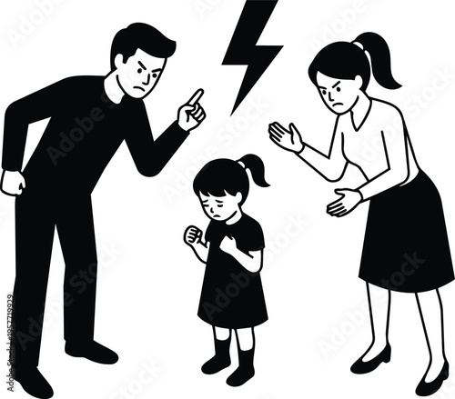 Black and white family conflict scene parents scolding sad child with lightning bolt