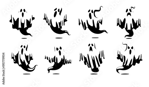 A stylized realistic vector illustration set of ghost silhouettes with soft foggy edges and minimal facial details, arranged in a balanced composition on a solid white background. The phantoms are sem