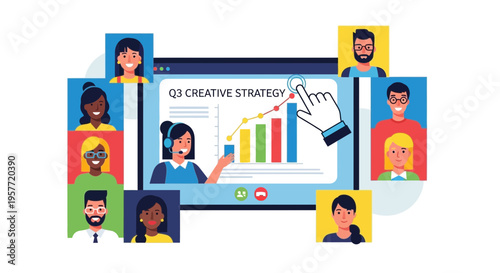 International team members attend conference call on laptop for business strategy