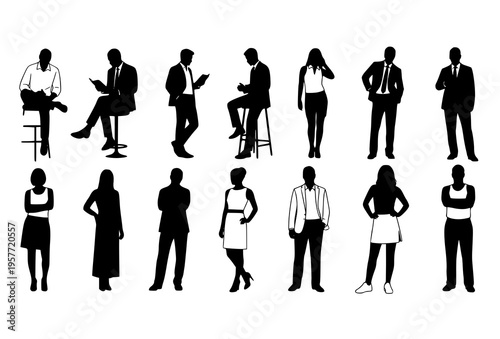 Inclusive vector silhouette collection of men and women in varied poses and attire on white background