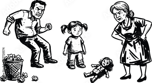 Black and white line art upset child between angry parents scolding with fallen doll