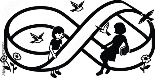 Infinite ribbon playground with seated reader and child walking black and white line art