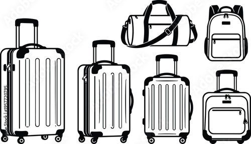 Black and white line art five piece luggage set with duffel backpack and telescopic handles