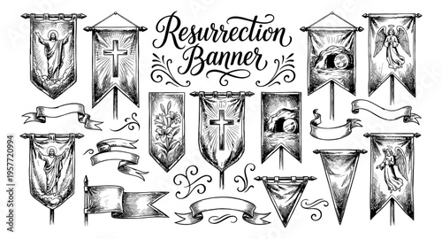 Collection of hand-drawn resurrection banners with religious symbols and angels