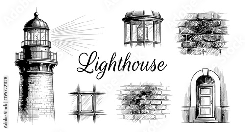 Collection of hand-drawn lighthouse elements and architectural details in sketch style