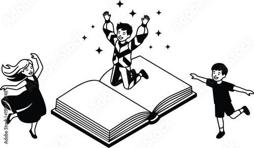 Vector art open book with jumping children and stars black and white line art